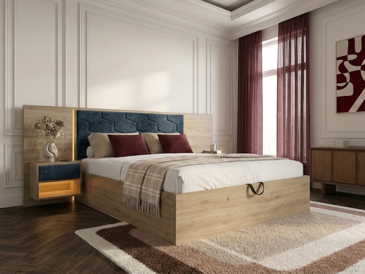 Bed met opbergruimte, ledverlichting en geïntegreerde nachtkastjes PALMERAIE