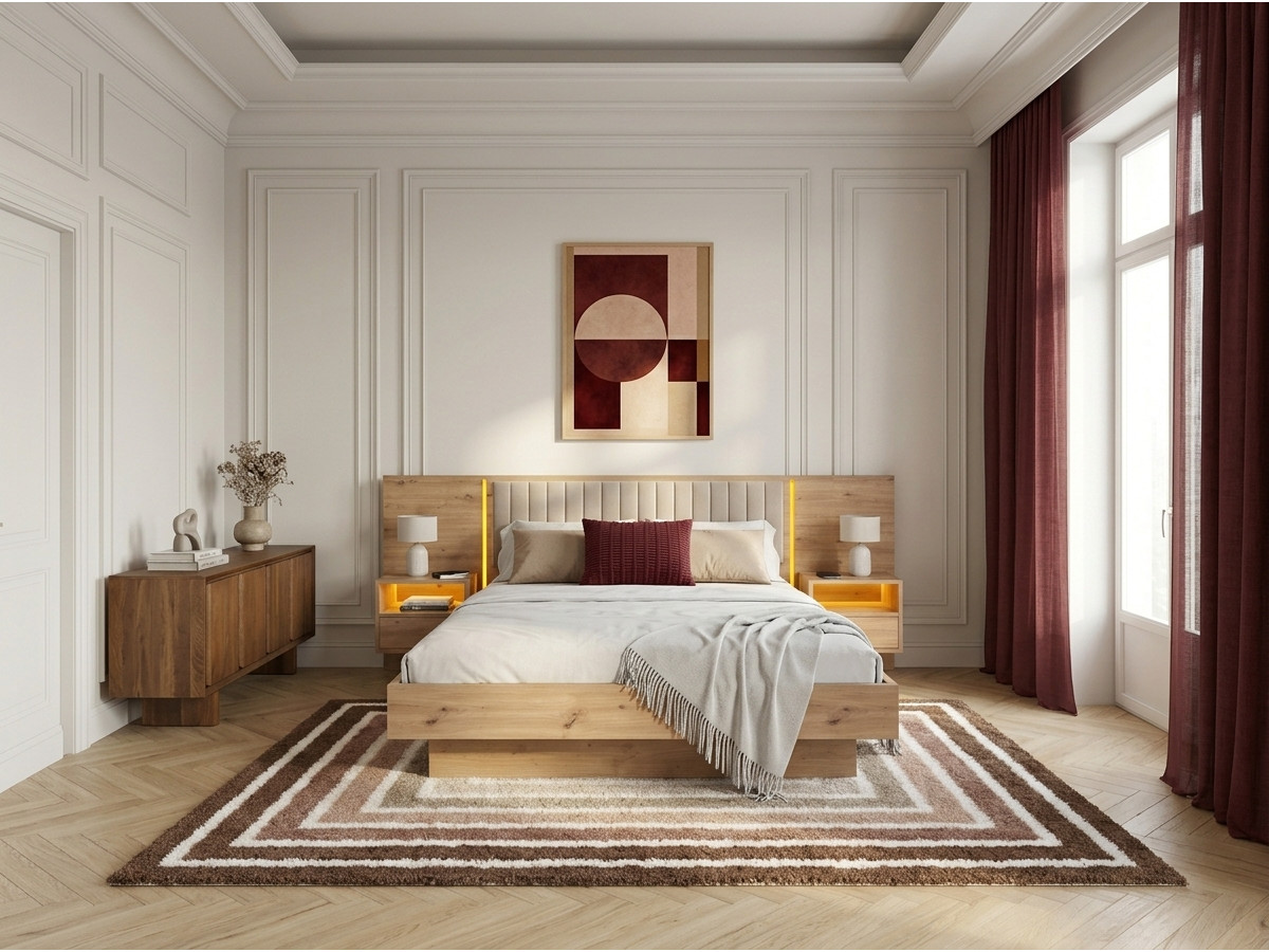 Opbergbed met leds RIAD en geïntegreerde nachtkastjes