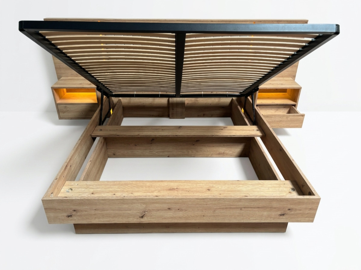 Opbergbed met leds RIAD en geïntegreerde nachtkastjes