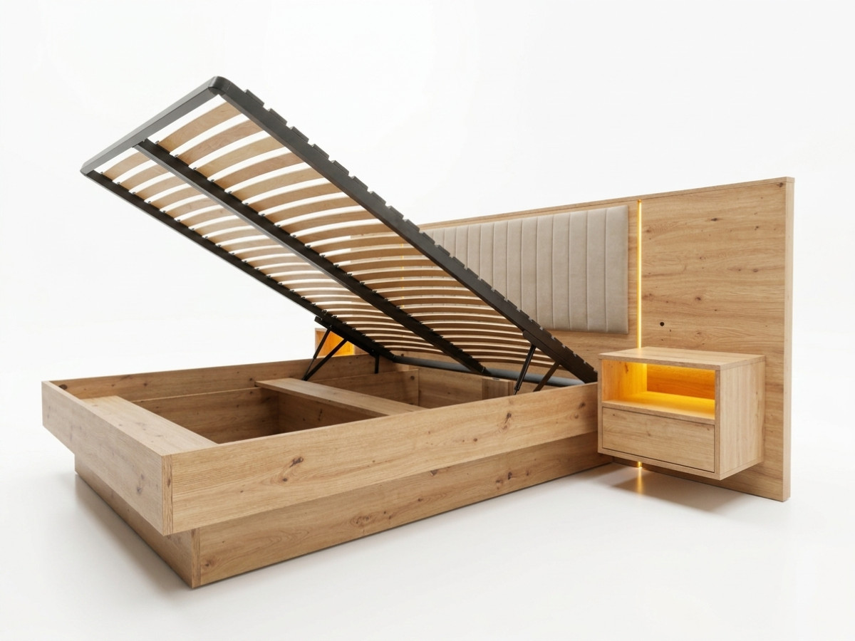 Opbergbed met leds RIAD en geïntegreerde nachtkastjes
