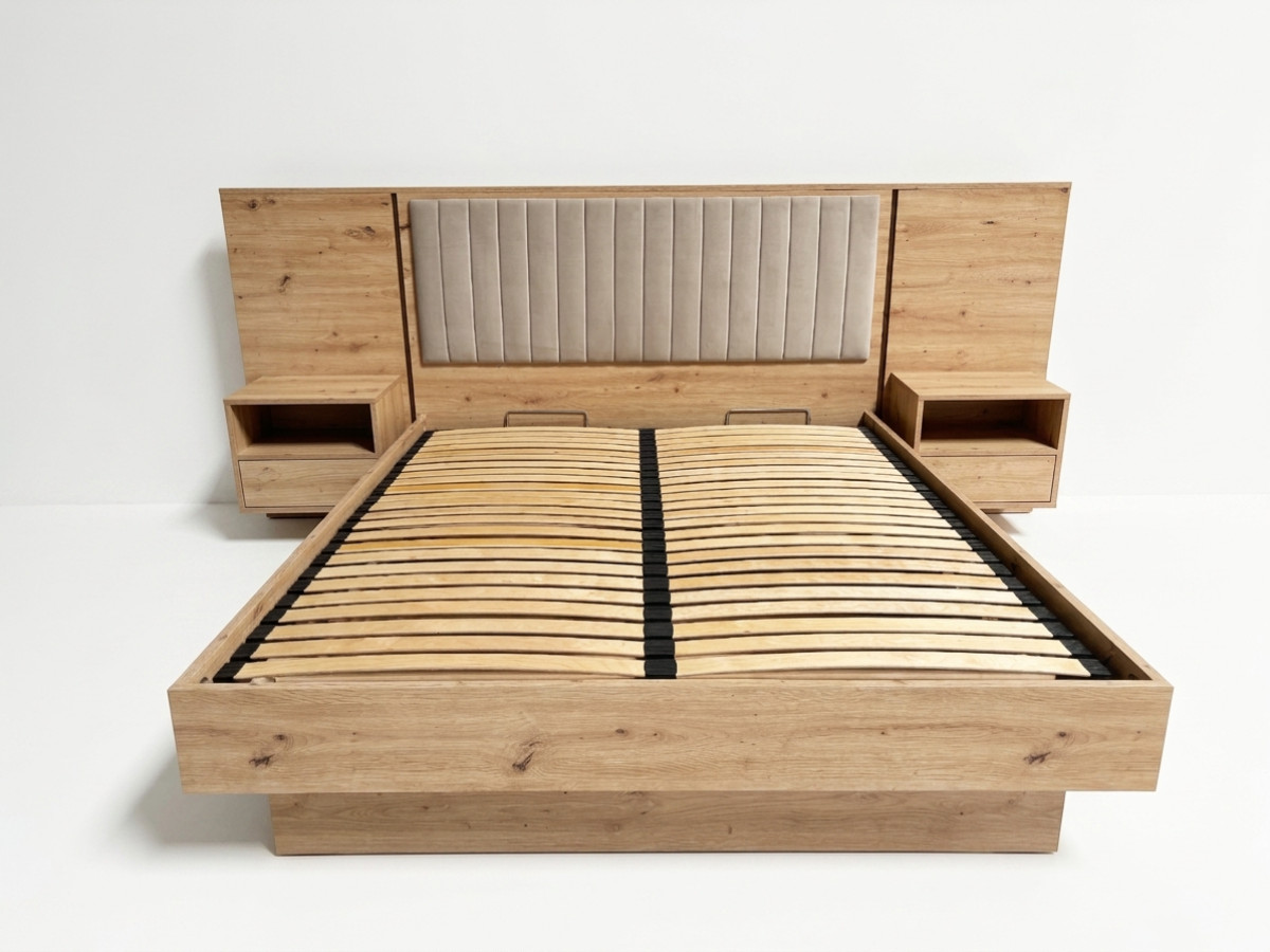 Opbergbed met leds RIAD en geïntegreerde nachtkastjes