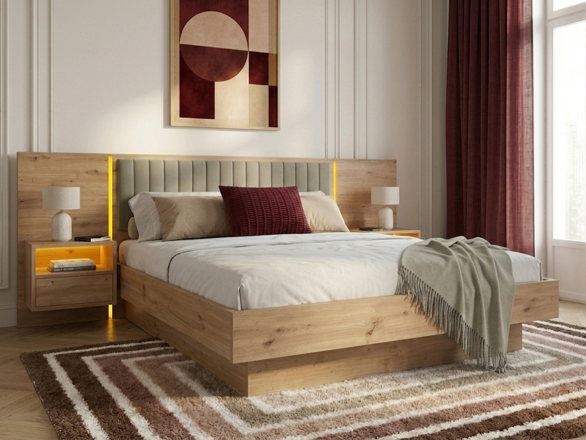 Opbergbed met leds RIAD en geïntegreerde nachtkastjes