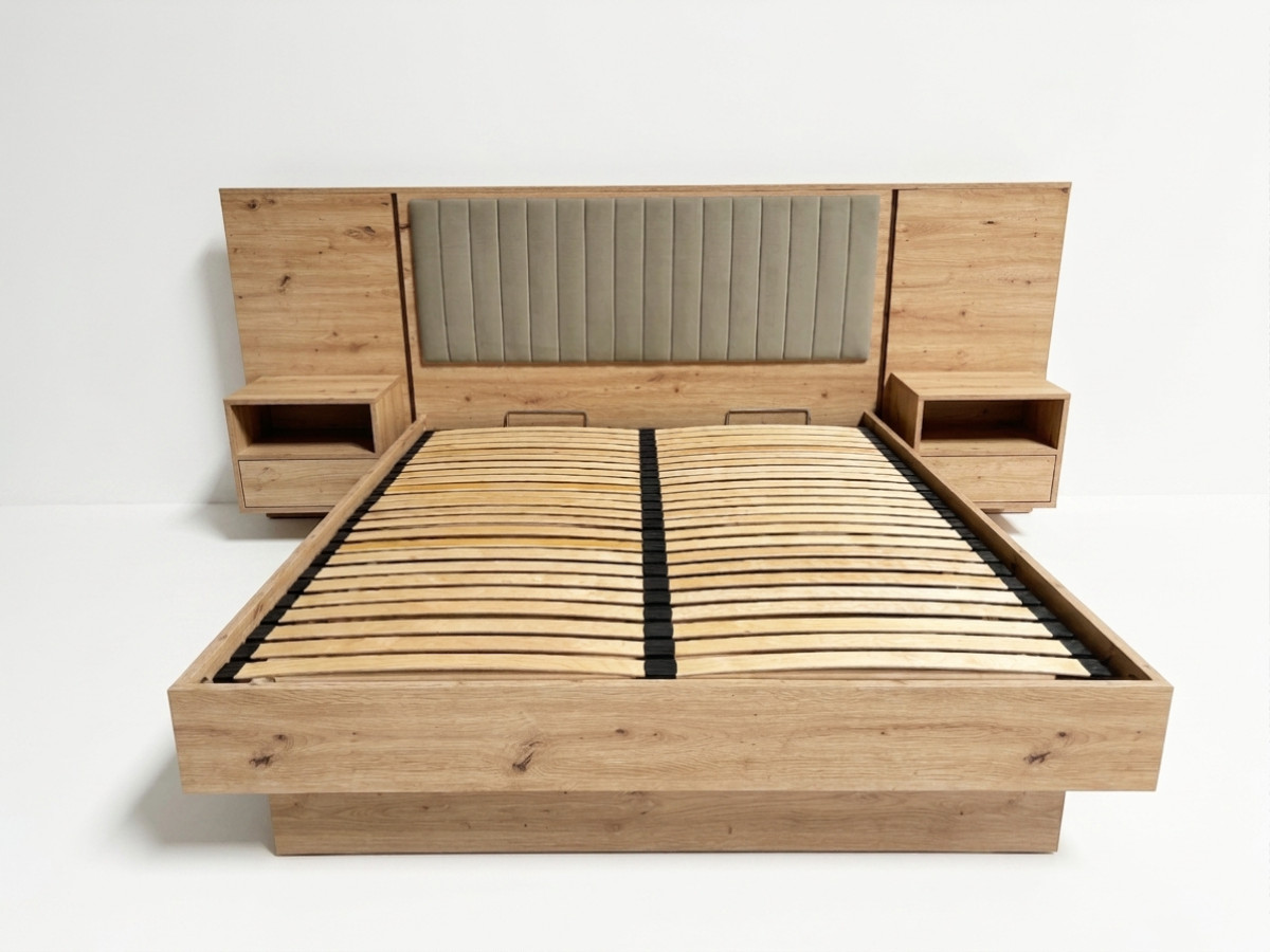 Opbergbed met leds RIAD en geïntegreerde nachtkastjes