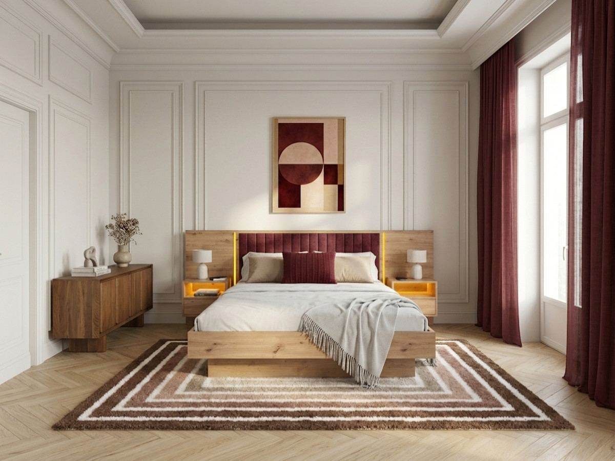 Opbergbed met leds RIAD en geïntegreerde nachtkastjes
