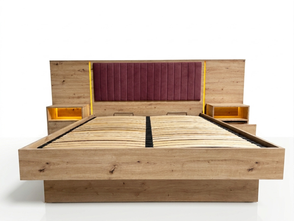 Opbergbed met leds RIAD en geïntegreerde nachtkastjes