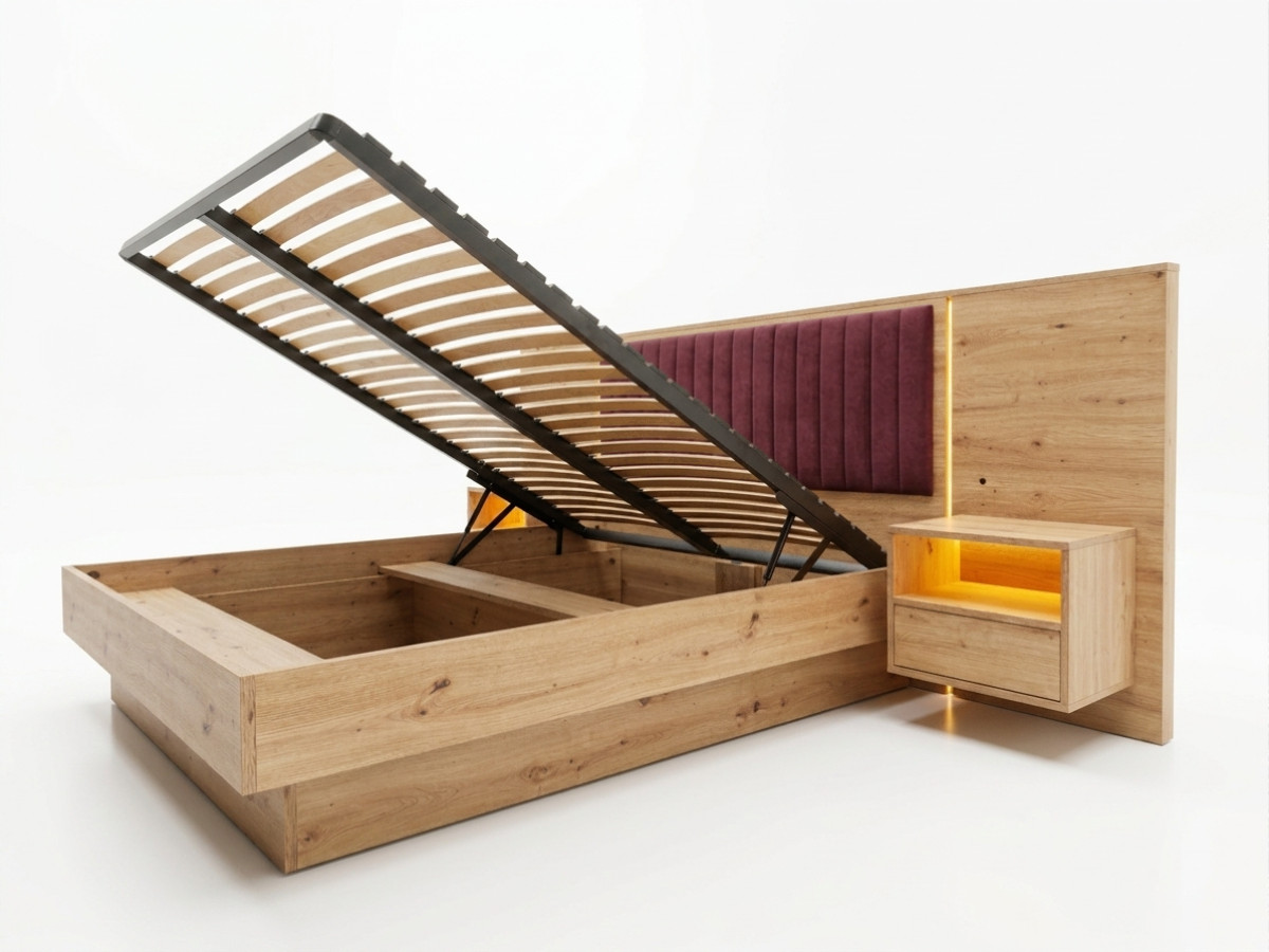 Opbergbed met leds RIAD en geïntegreerde nachtkastjes