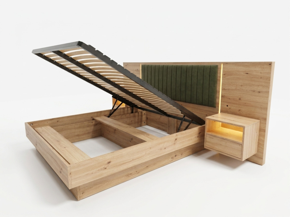 opbergbed met leds riad en geïntegreerde nachtkastjes gekleurd groen