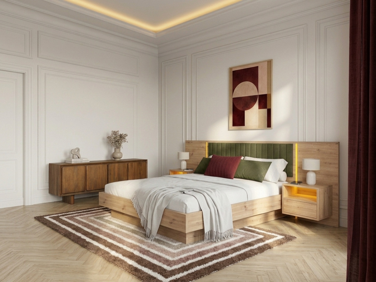 Opbergbed met leds RIAD en geïntegreerde nachtkastjes