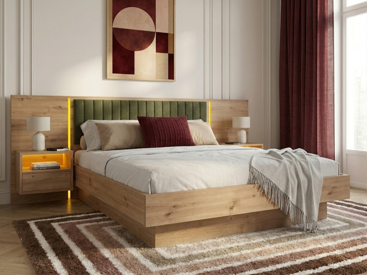 Opbergbed met leds RIAD en geïntegreerde nachtkastjes