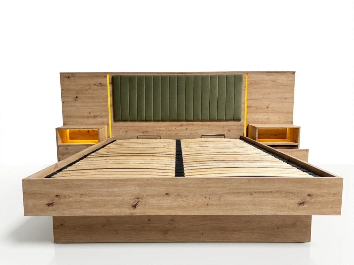 Opbergbed met leds RIAD en geïntegreerde nachtkastjes