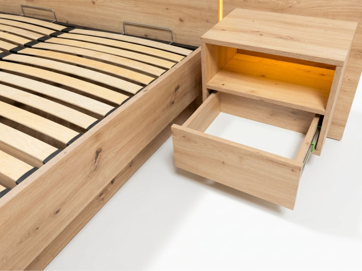 Opbergbed met leds RIAD en geïntegreerde nachtkastjes