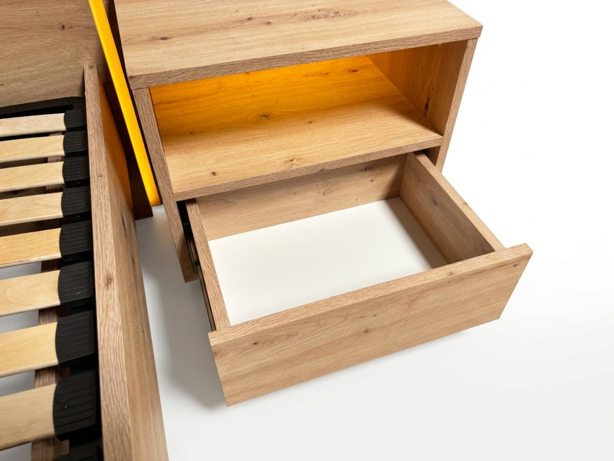 Opbergbed met leds RIAD en geïntegreerde nachtkastjes