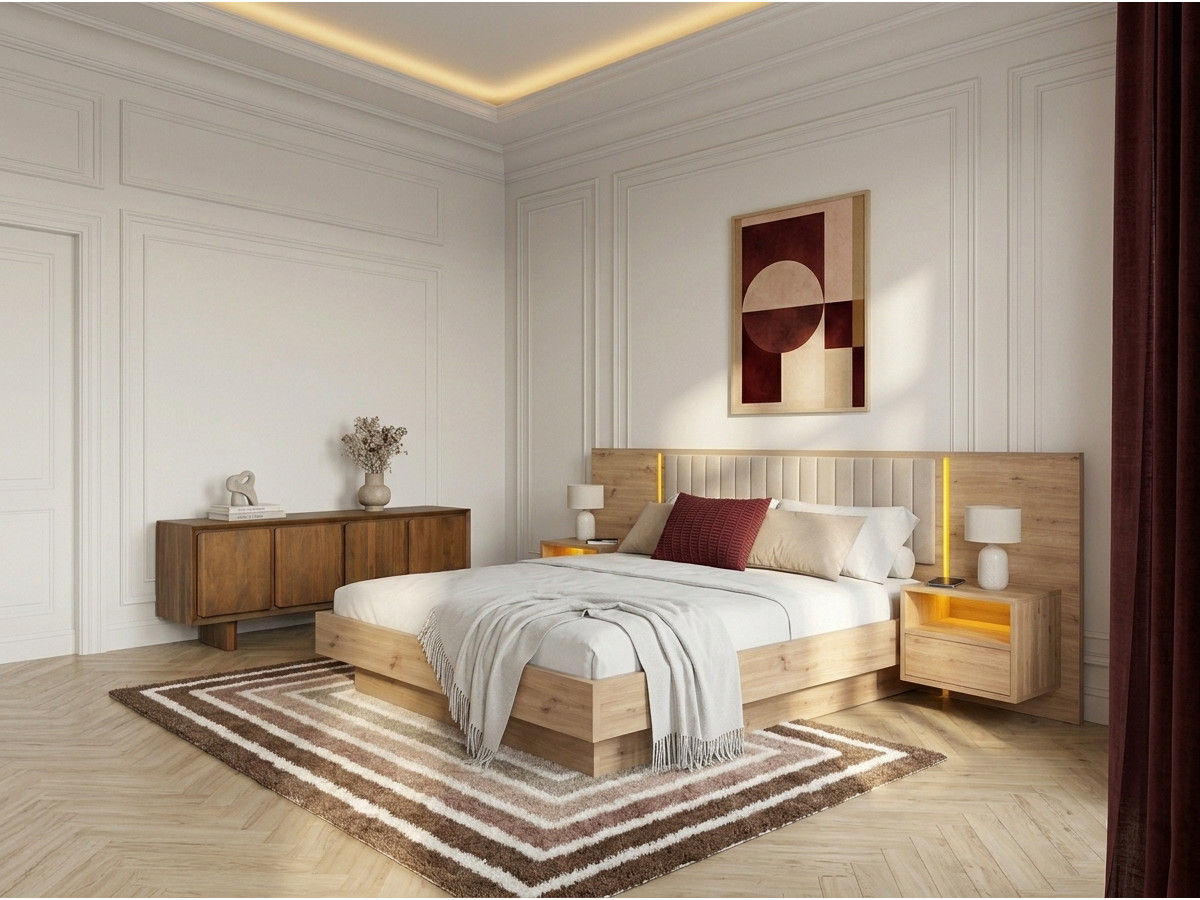 Opbergbed met leds RIAD en geïntegreerde nachtkastjes