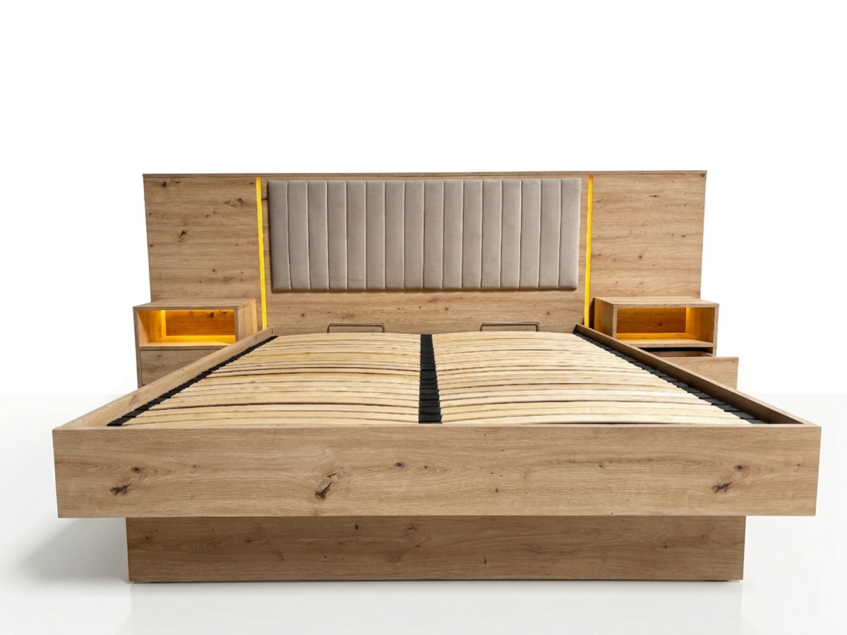 Opbergbed met leds RIAD en geïntegreerde nachtkastjes