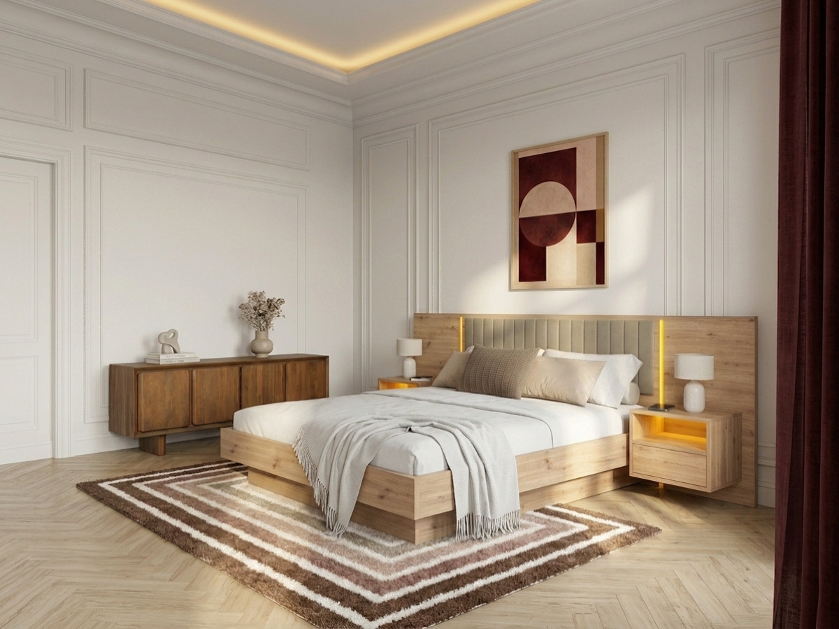 Opbergbed met leds RIAD en geïntegreerde nachtkastjes