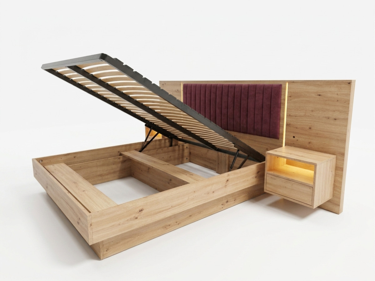 Opbergbed met leds RIAD en geïntegreerde nachtkastjes