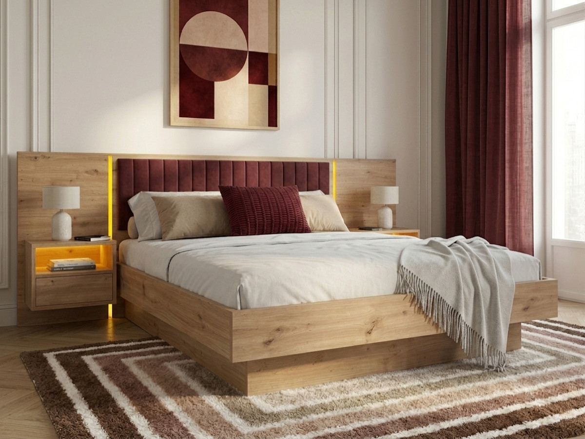 Opbergbed met leds RIAD en geïntegreerde nachtkastjes