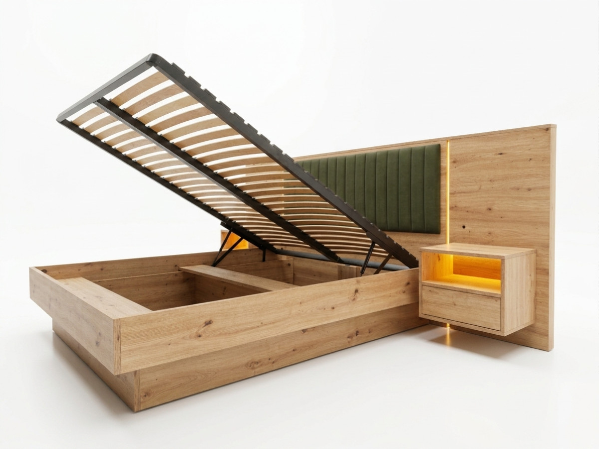 Opbergbed met leds RIAD en geïntegreerde nachtkastjes