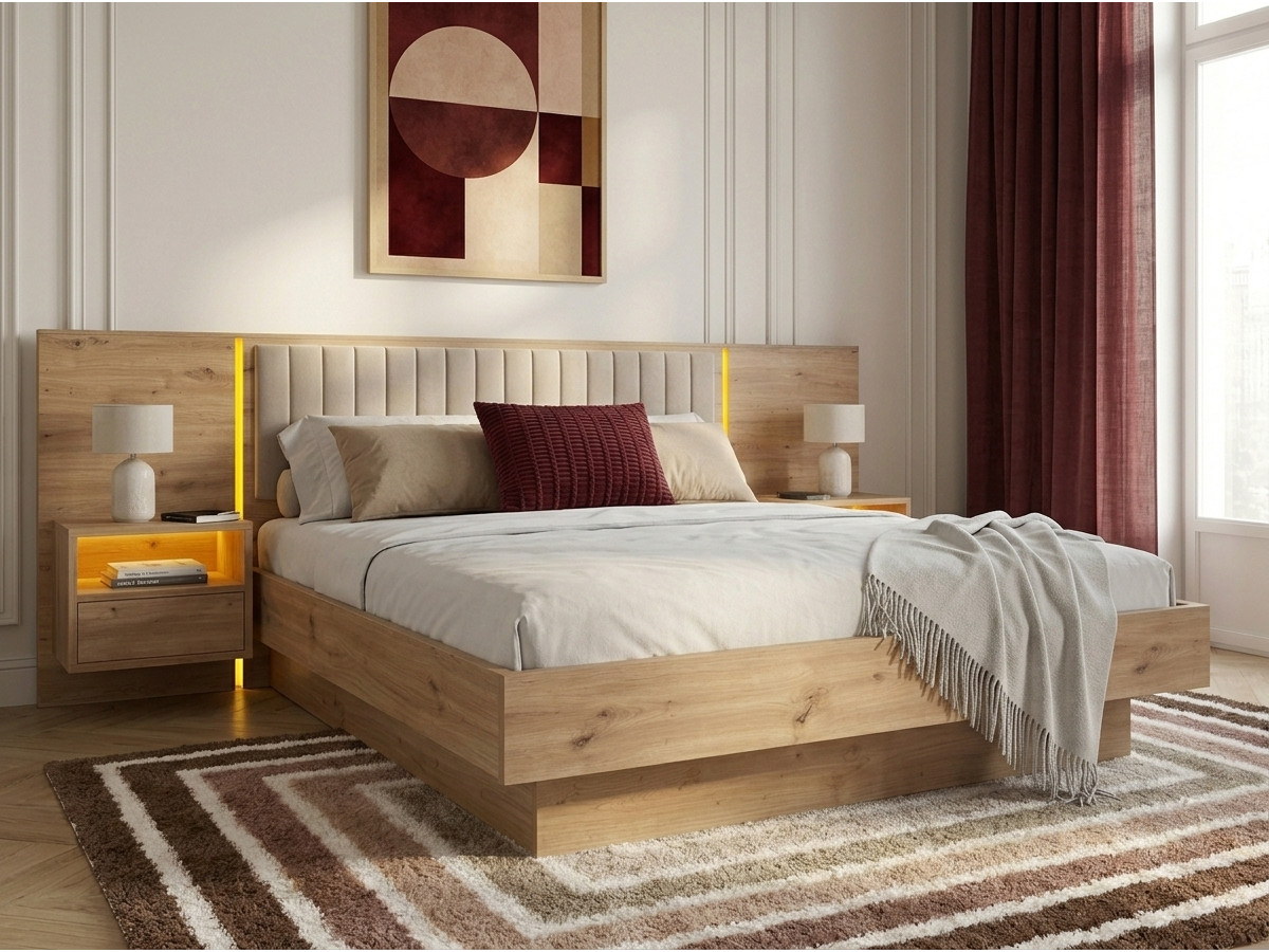 Opbergbed met leds RIAD en geïntegreerde nachtkastjes