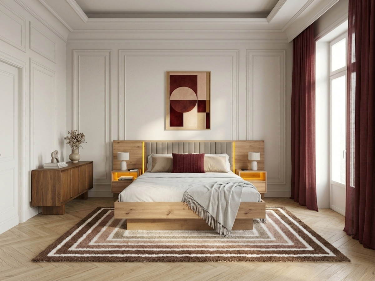Opbergbed met leds RIAD en geïntegreerde nachtkastjes