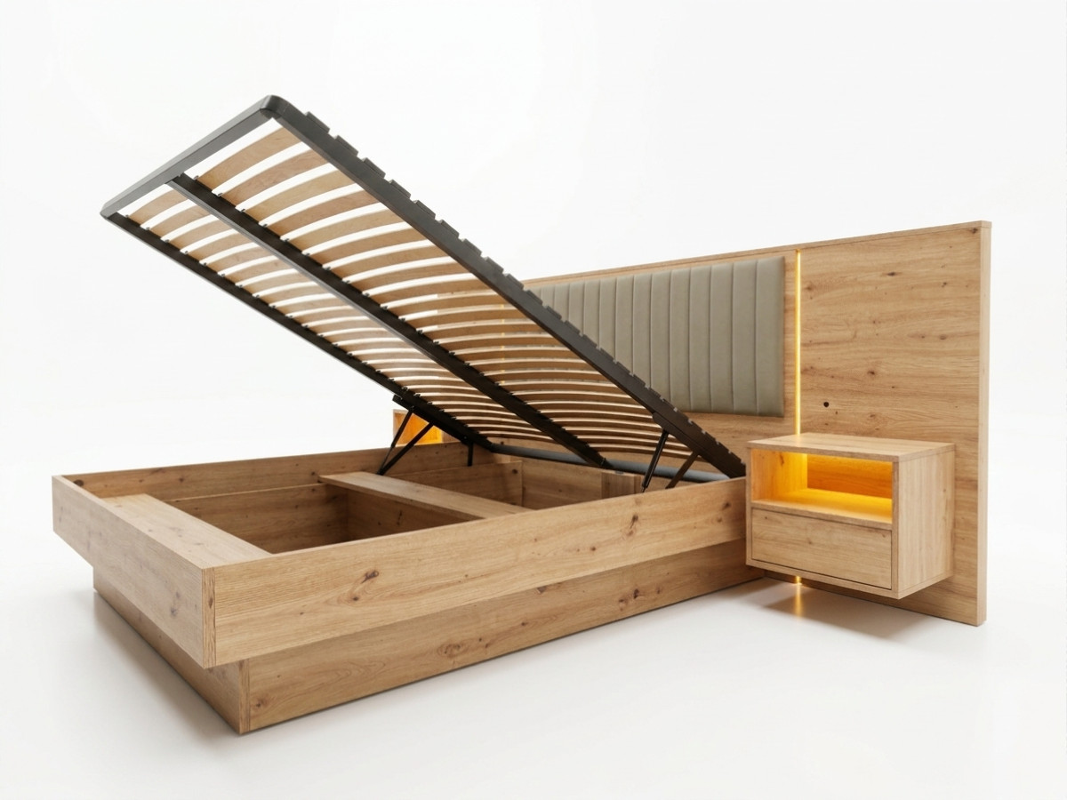 Opbergbed met leds RIAD en geïntegreerde nachtkastjes