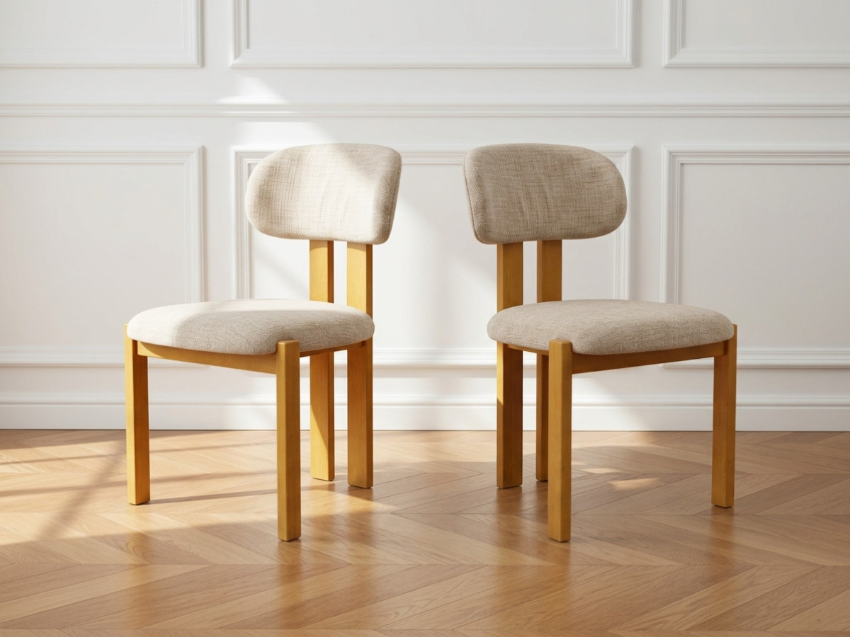 ZELIE-set met uitschuifbare eettafel van massief eikenhout en metaal + stoelen van massief beukenhout en textiel met structuur