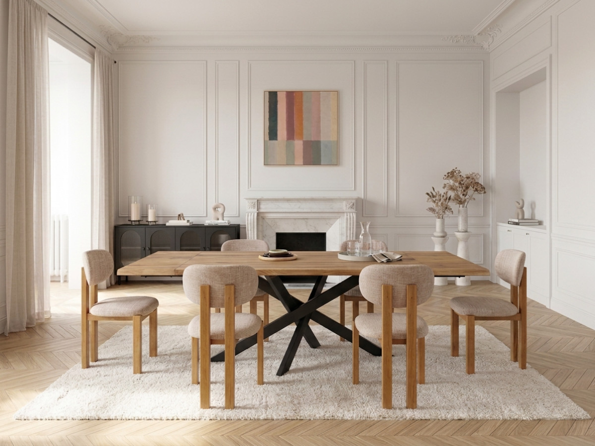 ZELIE-set met uitschuifbare eettafel van massief eikenhout en metaal + stoelen van massief beukenhout en textiel met structuur