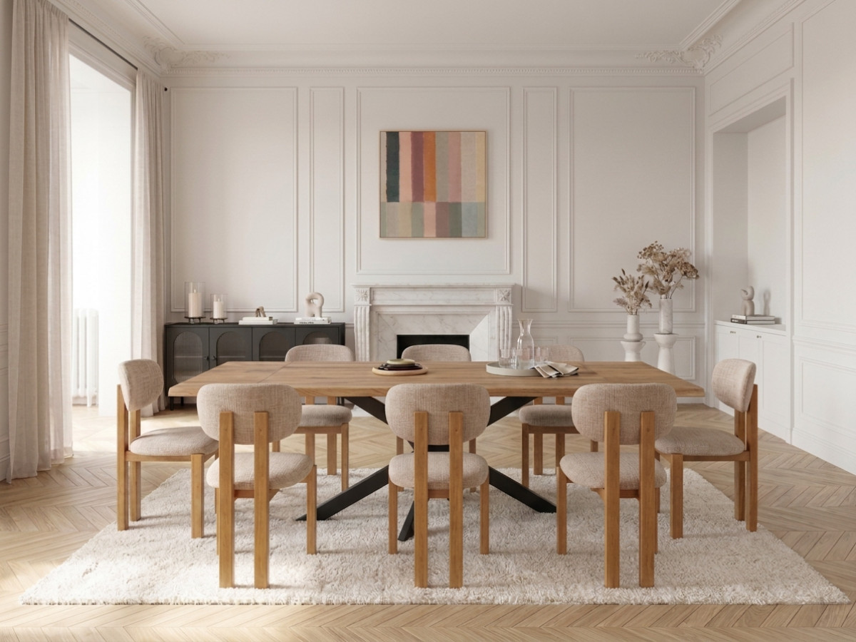 ZELIE-set met uitschuifbare eettafel van massief eikenhout en metaal + stoelen van massief beukenhout en textiel met structuur