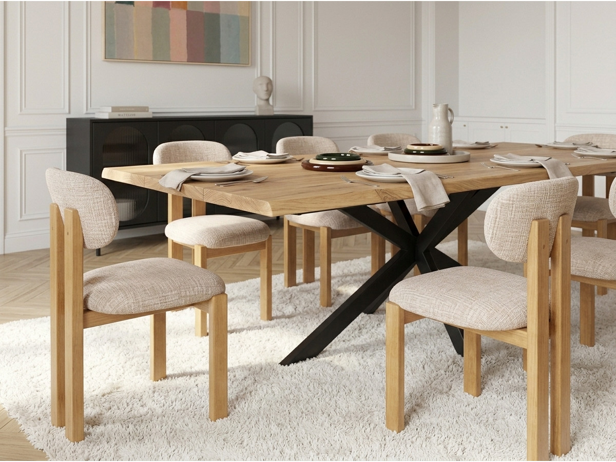 ZELIE-set met uitschuifbare eettafel van massief eikenhout en metaal + stoelen van massief beukenhout en textiel met structuur