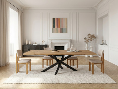 Ensemble ZELIE avec table à manger extensible chêne massif et métal + chaises hêtre massif et tissu texturé