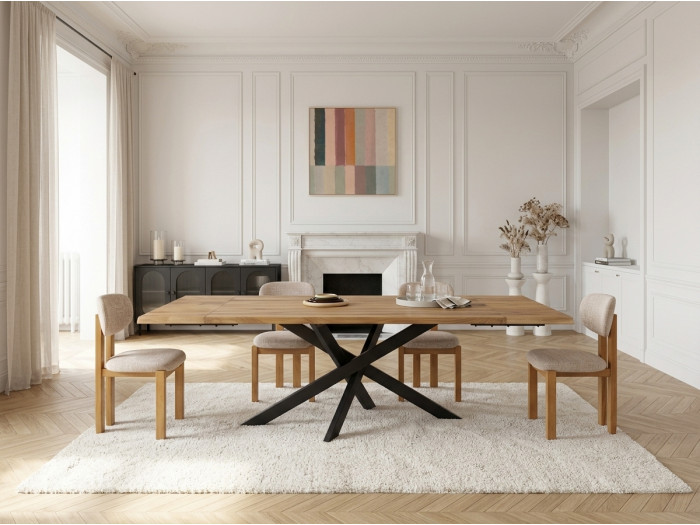 Ensemble ZELIE avec table à manger extensible chêne massif et métal + chaises hêtre massif et tissu texturé