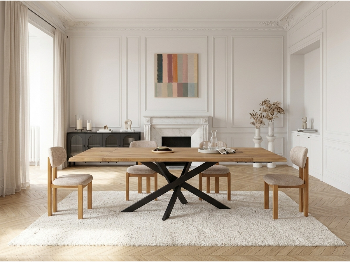 ZELIE-set met uitschuifbare eettafel van massief eikenhout en metaal + stoelen van massief beukenhout en textiel met structuur