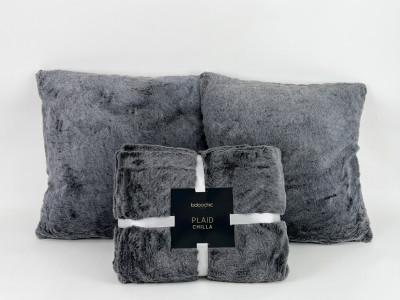Ensemble CHILLA avec plaid 130 x 170 cm + 2 coussins fausse fourrure
