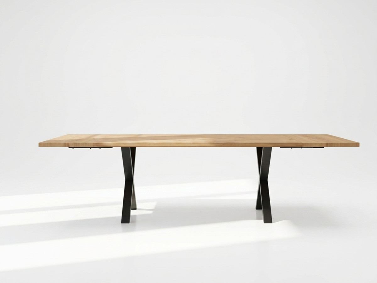 Uitschuifbare eettafel WENDY van massief eikenhout met metalen kruispoten