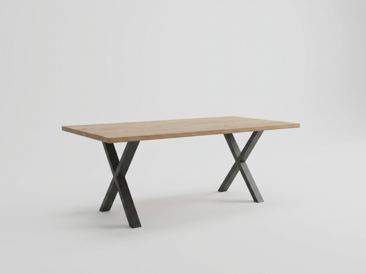 Uitschuifbare eettafel WENDY van massief eikenhout met metalen kruispoten