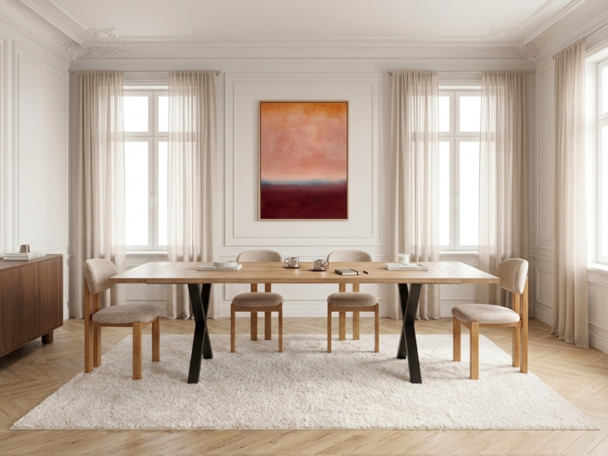 Uitschuifbare eettafel WENDY van massief eikenhout met metalen kruispoten