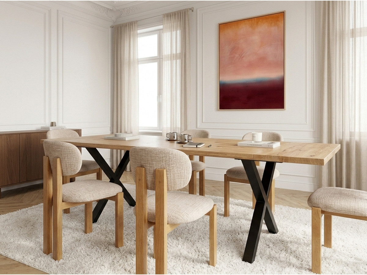 Uitschuifbare eettafel WENDY van massief eikenhout met metalen kruispoten
