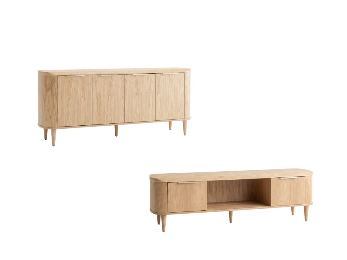 MAZARGUES-set met dressoir van 200 cm + tv-meubel van 200 cm, fineer van massief eikenhout
