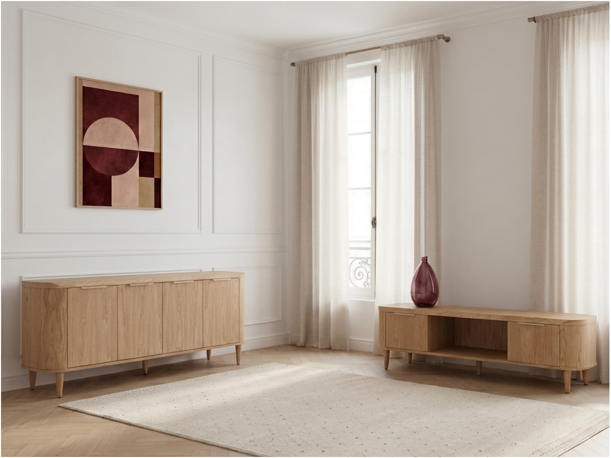 Ensemble MAZARGUES avec buffet 200 cm + meuble TV 200 cm placage chêne massif marron clair