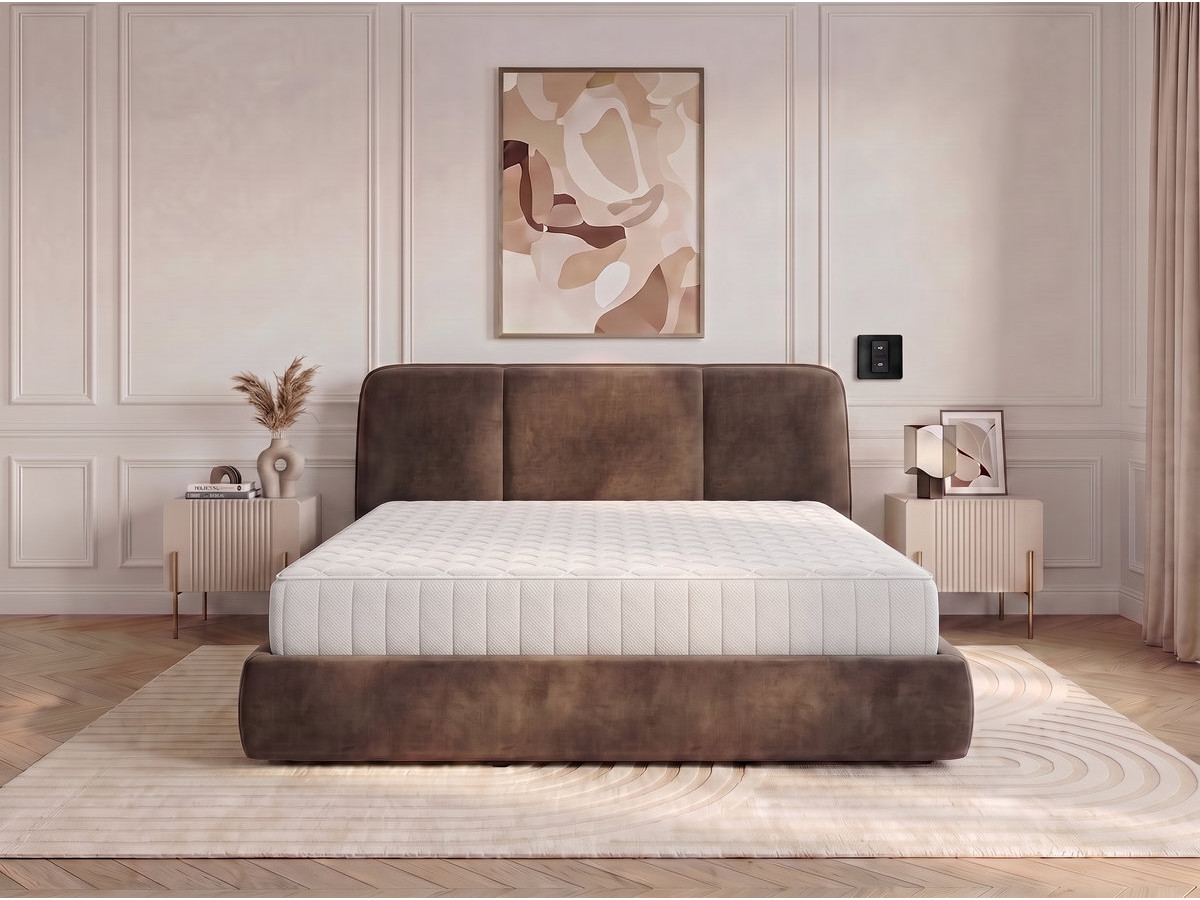 Ensemble avec lit coffre électrique MOONA velours lisse + matelas hybride