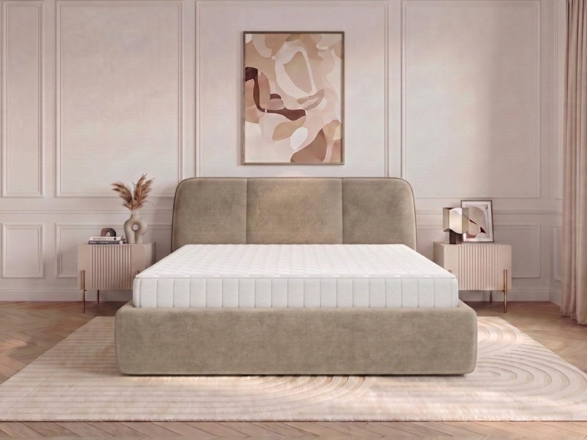 Ensemble avec lit coffre MOONA velours lisse + matelas hybride beige