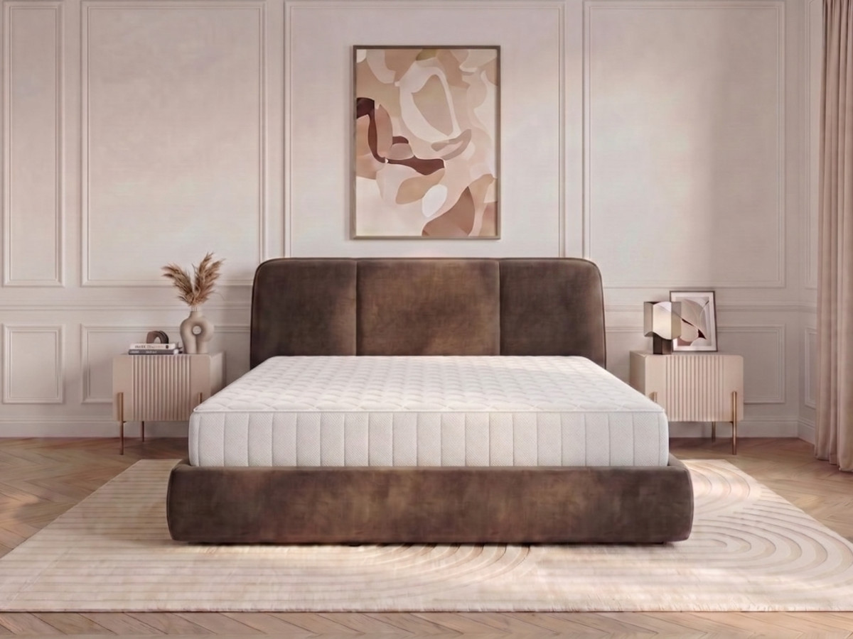 Ensemble avec lit coffre MOONA velours lisse + matelas hybride marron