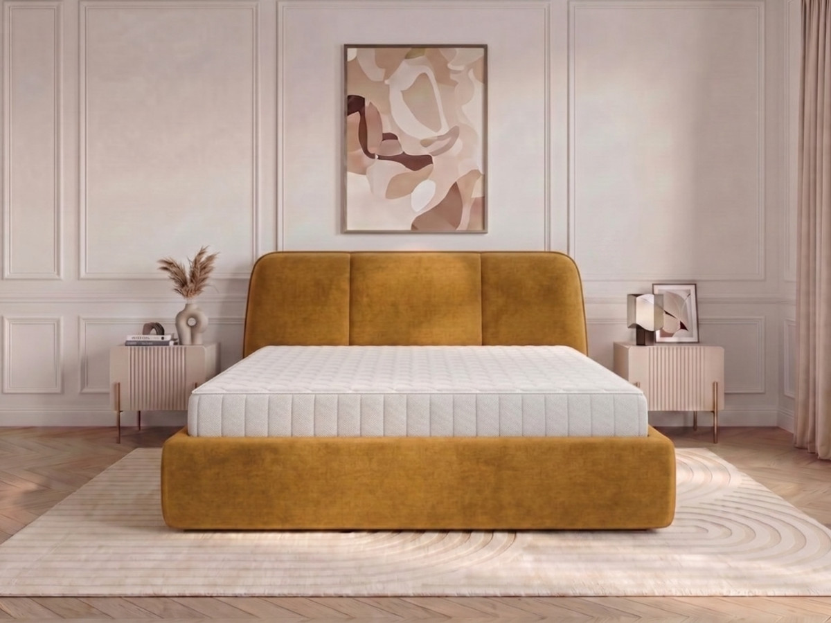 Ensemble avec lit coffre MOONA velours lisse + matelas hybride jaune