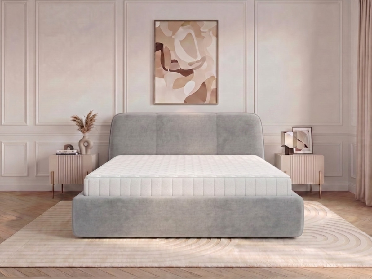 Ensemble avec lit coffre MOONA velours lisse + matelas hybride gris