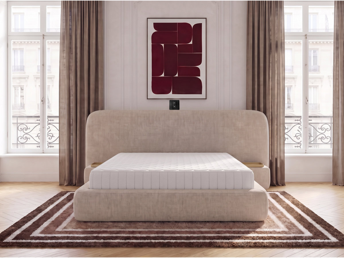 Ensemble avec lit coffre électrique AURAE avec chevets intégrés + matelas hybride beige