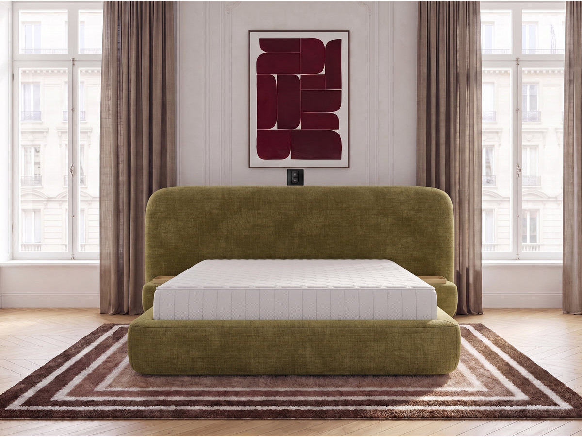 Ensemble avec lit coffre électrique AURAE avec chevets intégrés + matelas hybride vert
