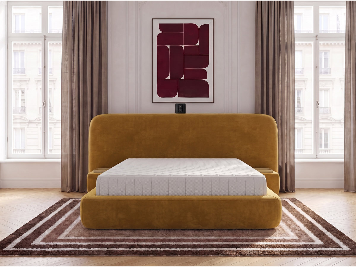 Ensemble avec lit coffre électrique AURAE avec chevets intégrés + matelas hybride jaune