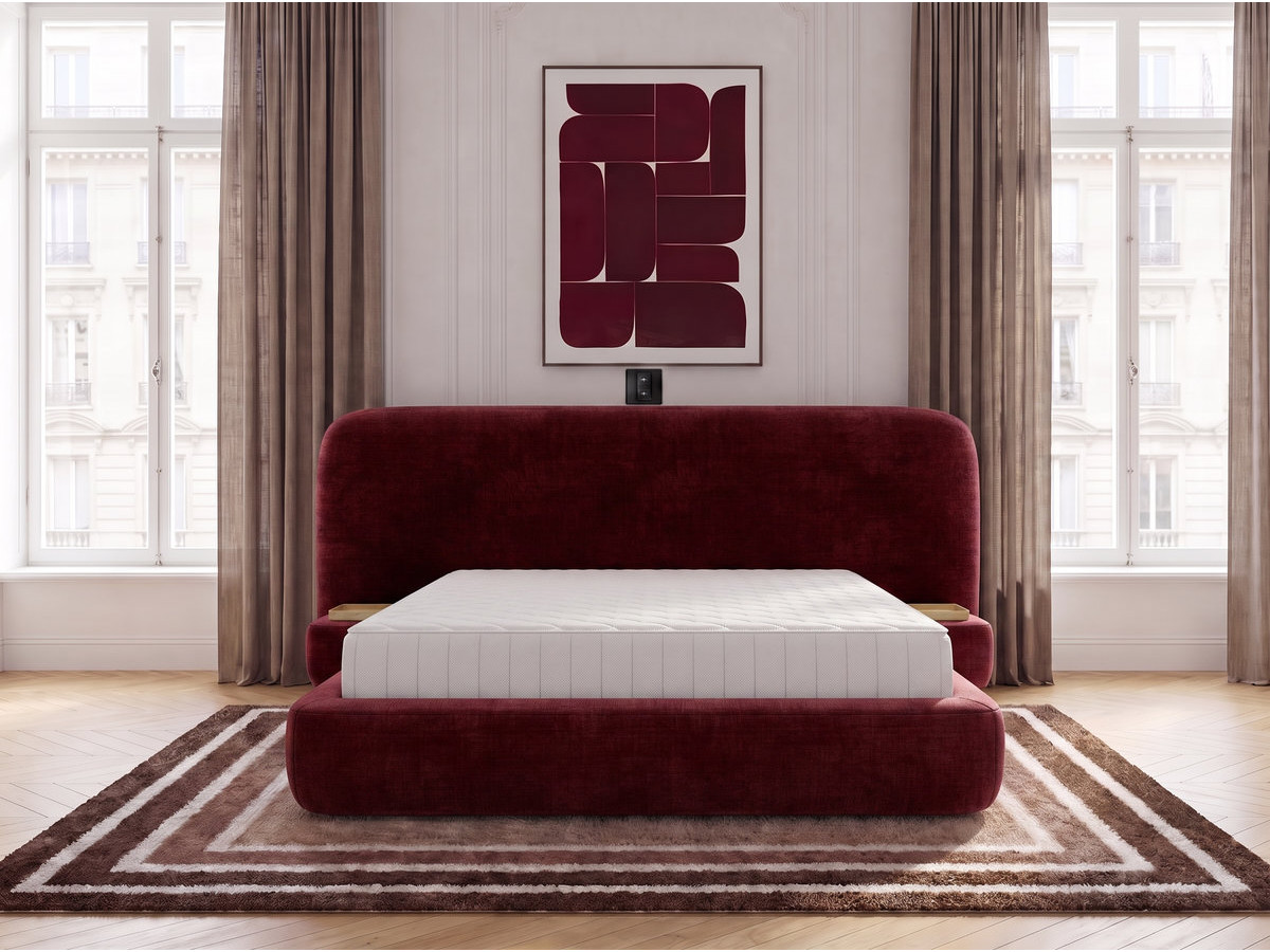 Ensemble avec lit coffre électrique AURAE avec chevets intégrés + matelas hybride rouge