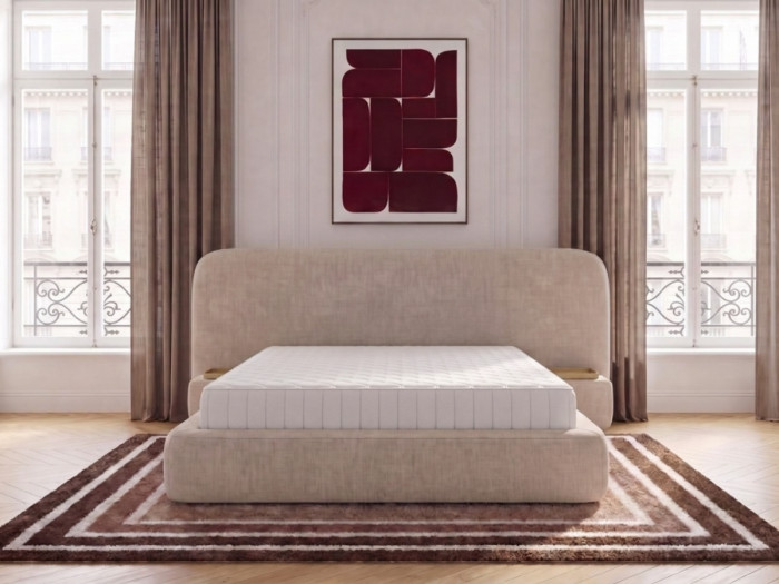 Ensemble avec lit coffre AURAE avec chevets intégrés + matelas hybride