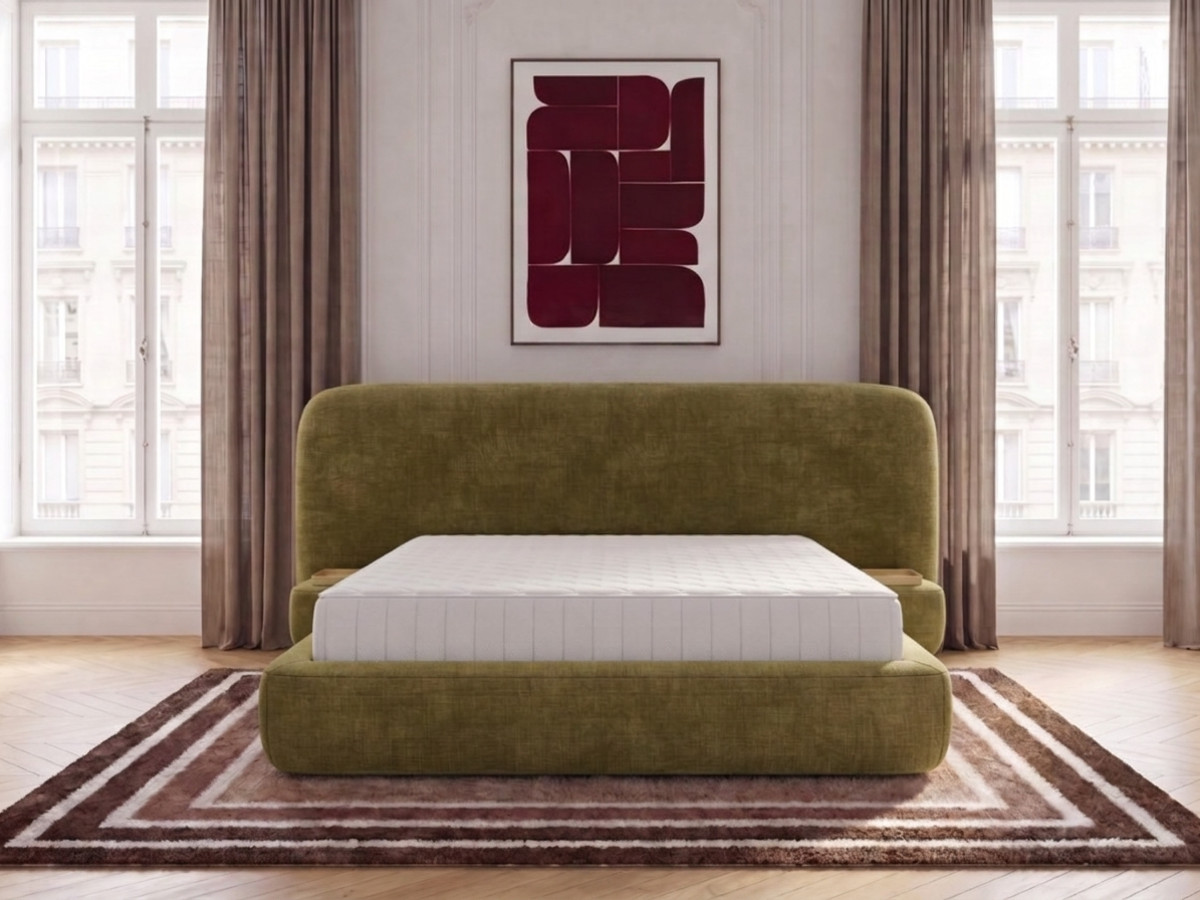 Ensemble avec lit coffre AURAE avec chevets intégrés + matelas hybride vert